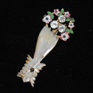 Antique Floral Bouquet Brooch with Mother of Pearl Shell, Rhinestones, & Enamel